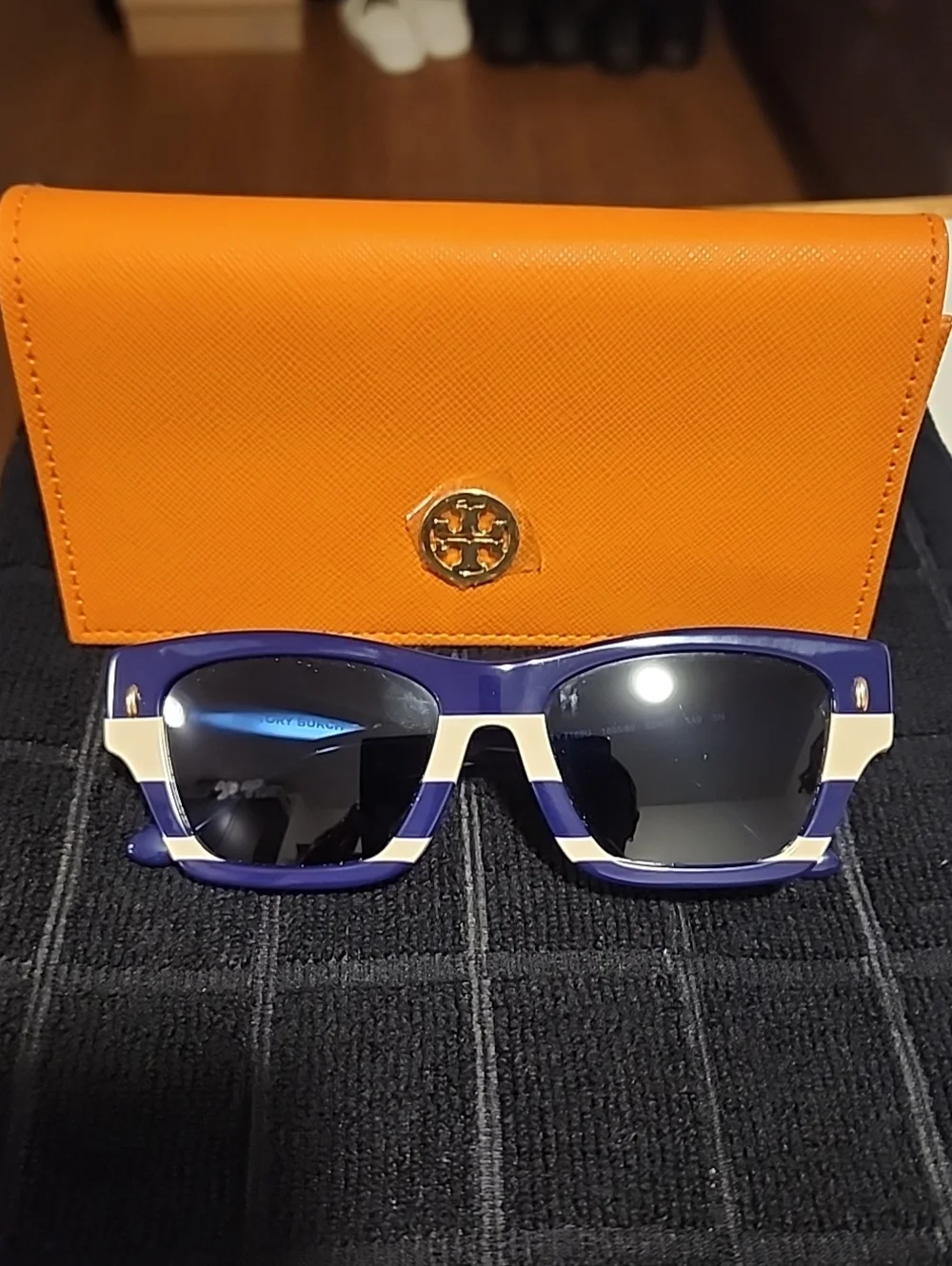 Tory Burch Blue and White Striped Sunglasses with Orange Case